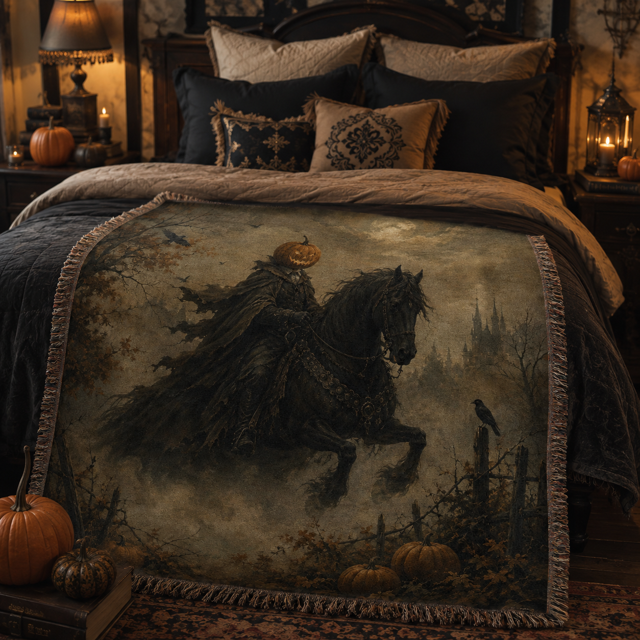 Vintage Halloween woven blanket styled across a cozy gothic bedroom with pumpkins and warm candlelight
