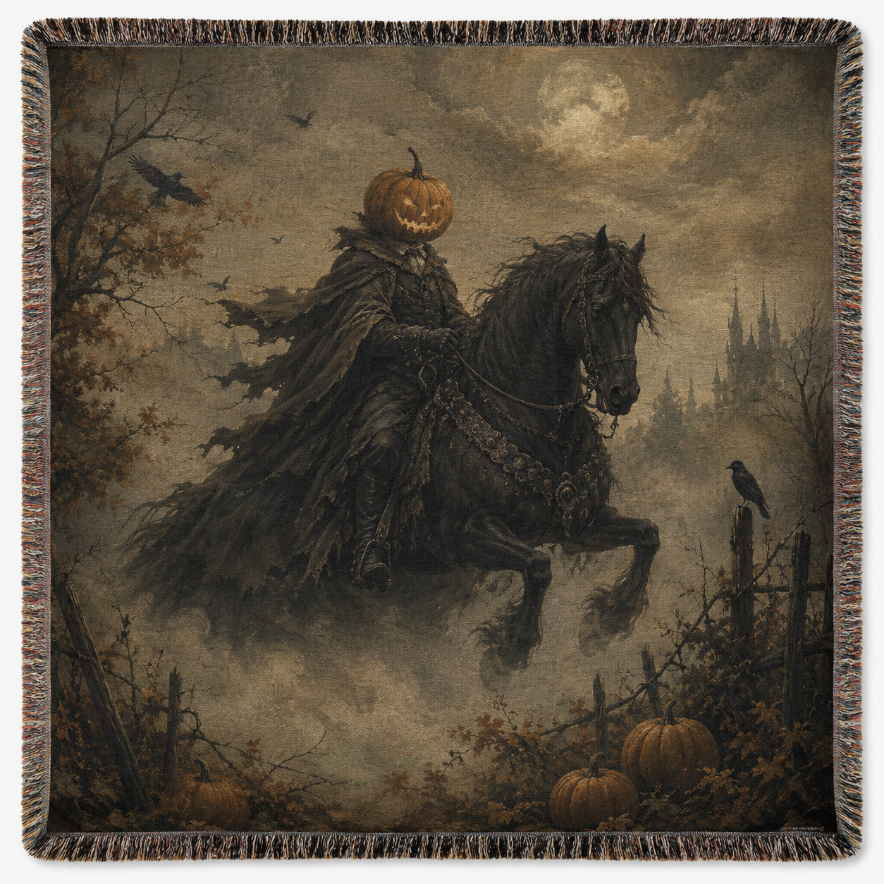 Vintage Halloween woven blanket with pumpkin headed horseman, black horse, moon, ravens and fringe