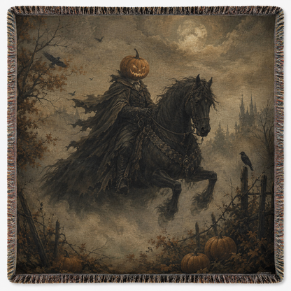 Vintage Halloween woven blanket with pumpkin headed horseman, black horse, moon, ravens and fringe