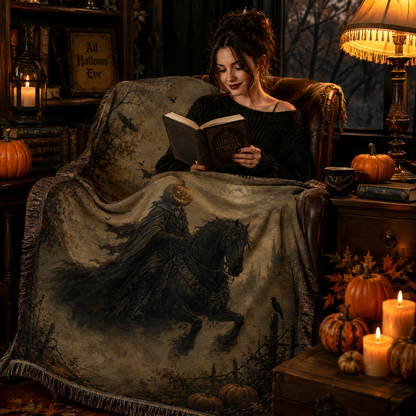 Woman reading under a soft Halloween woven blanket with pumpkin horseman artwork in a cozy reading nook