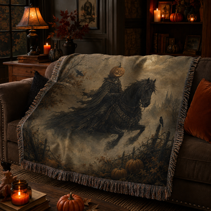 Vintage Halloween woven blanket draped softly over a sofa in a cozy autumn living room