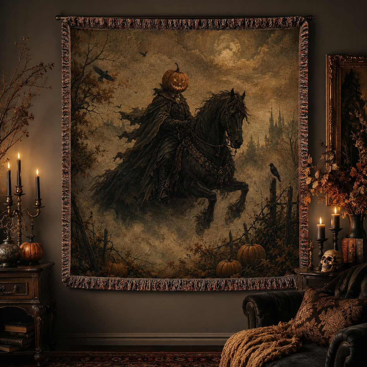 Halloween woven blanket displayed as gothic wall decor with candles, pumpkins and vintage autumn styling