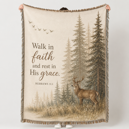 Hebrews 11:1 Walk in Faith Christian woven blanket with deer, pine forest and fringe