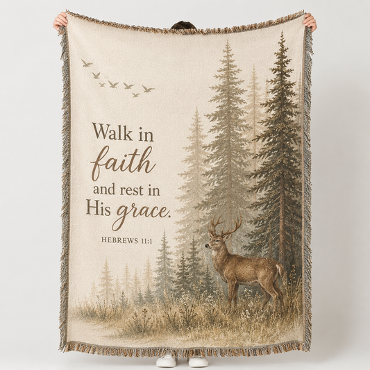 Hebrews 11:1 Walk in Faith Christian woven blanket with deer, pine forest and fringe