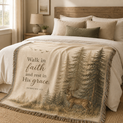 Hebrews 11:1 Walk in Faith Christian woven blanket styled across a warm neutral bedroom