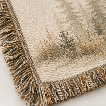 Macro close-up of woven yarn texture and multicolor fringe on Hebrews 11:1 Christian blanket