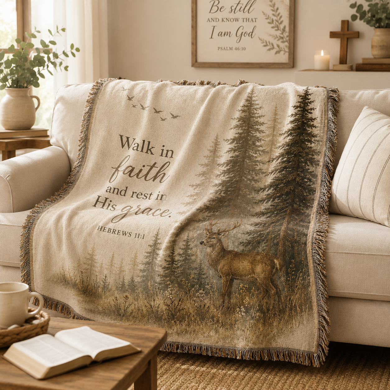 Walk in Faith Hebrews 11:1 Christian woven blanket softly draped over a neutral sofa