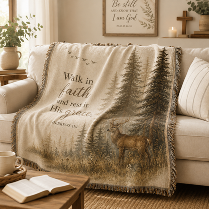 Walk in Faith Hebrews 11:1 Christian woven blanket softly draped over a neutral sofa