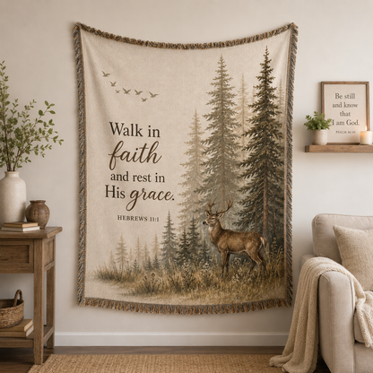 Hebrews 11:1 Walk in Faith Christian woven blanket displayed as rustic wall tapestry decor