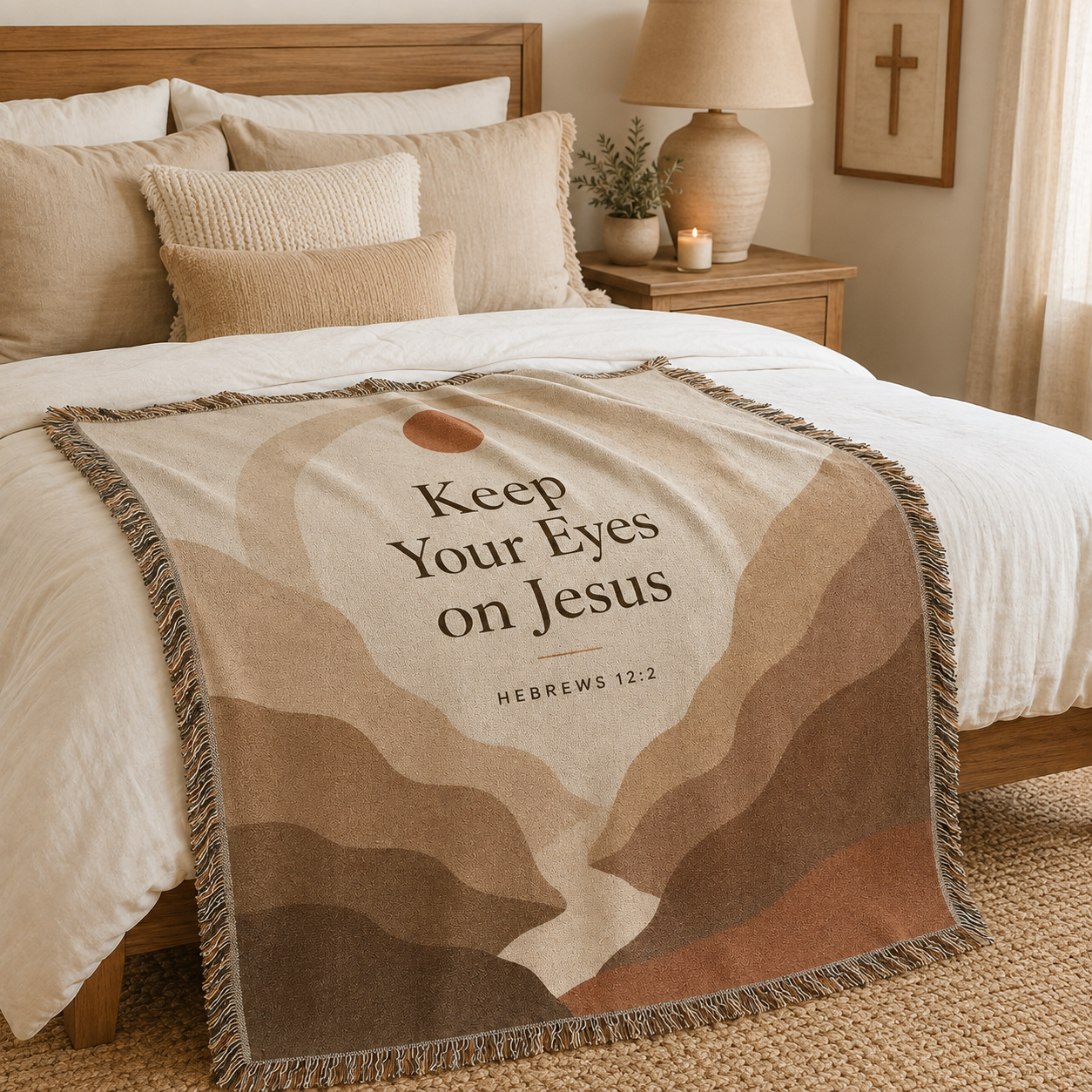 Keep Your Eyes on Jesus Hebrews 12:2 Christian woven blanket styled across a warm neutral bedroom
