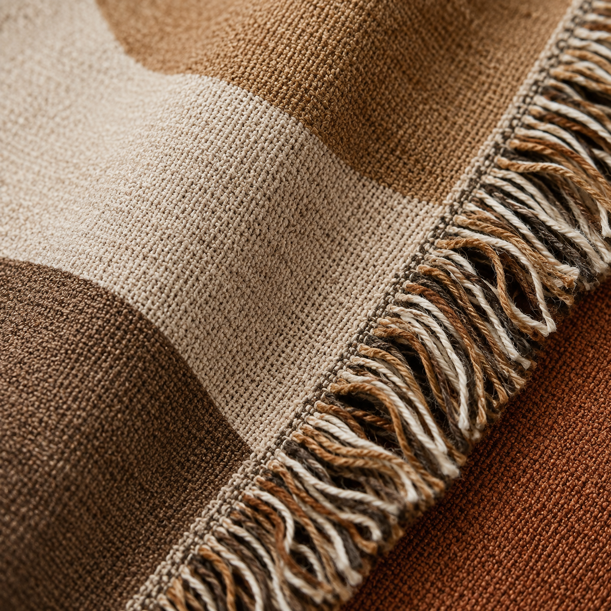 Macro close-up of woven yarn texture and multicolor fringe on Hebrews 12:2 Christian blanket