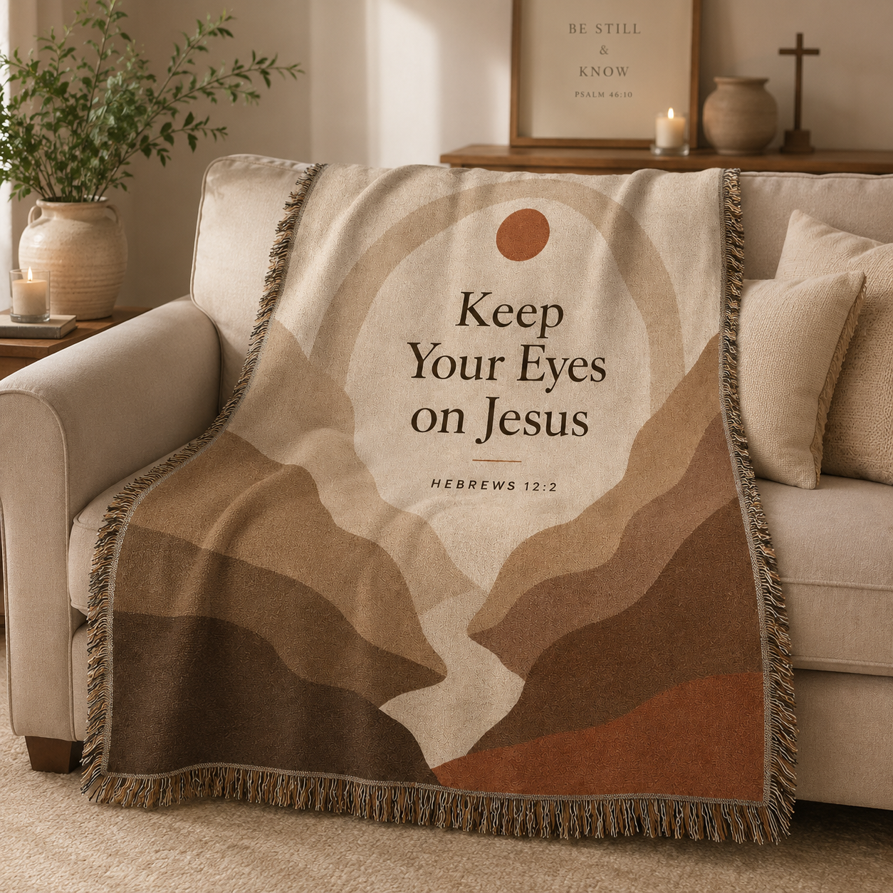 Hebrews 12:2 Keep Your Eyes on Jesus woven blanket softly draped over a neutral sofa with natural folds