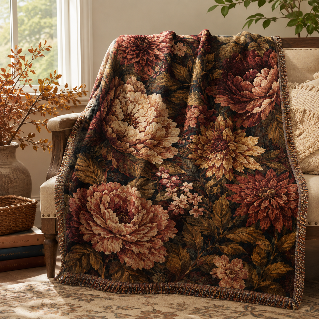 Vintage floral woven blanket draped over a rustic armchair in warm natural light
