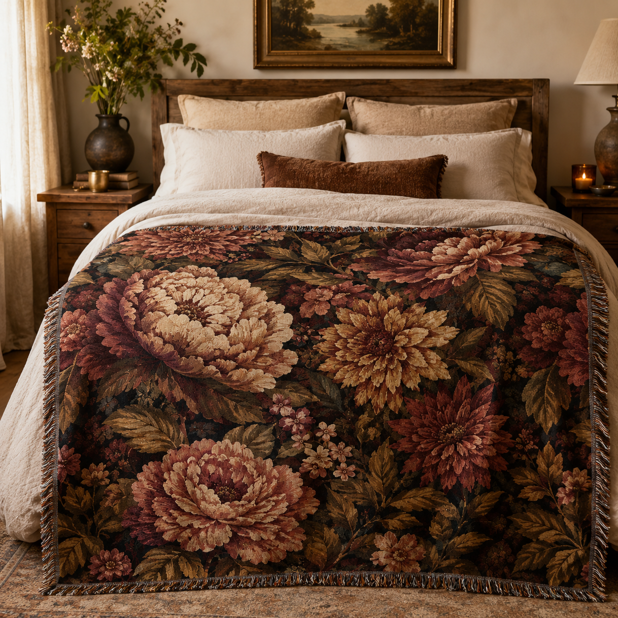 Vintage peony and chrysanthemum woven blanket displayed across a warm cottage bedroom