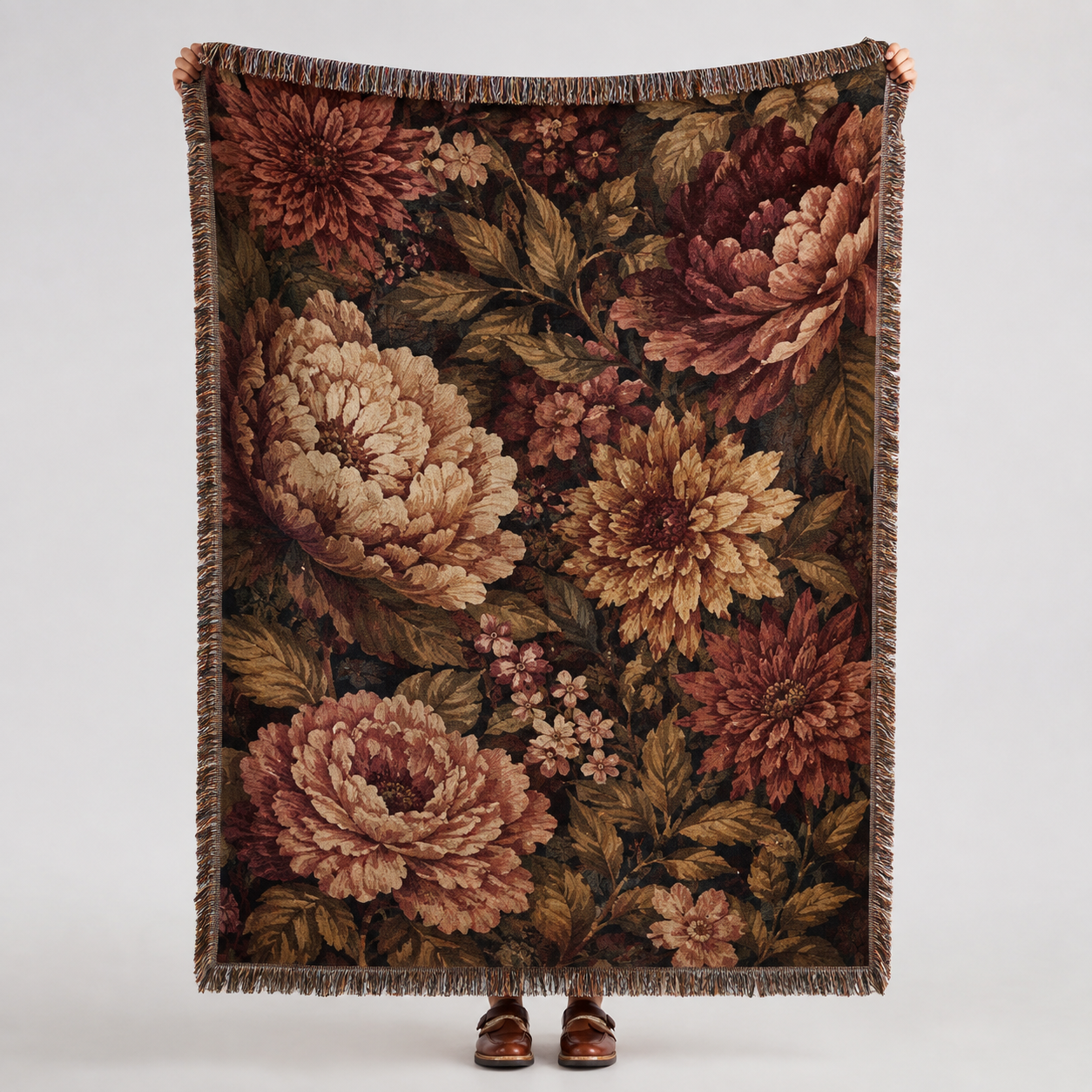 Dark vintage floral woven blanket with oversized peonies, chrysanthemums and decorative fringe