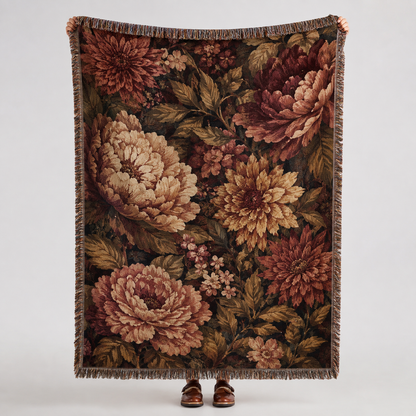 Dark vintage floral woven blanket with oversized peonies, chrysanthemums and decorative fringe