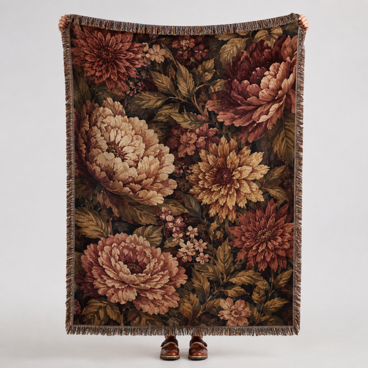 Dark vintage floral woven blanket with oversized peonies, chrysanthemums and decorative fringe