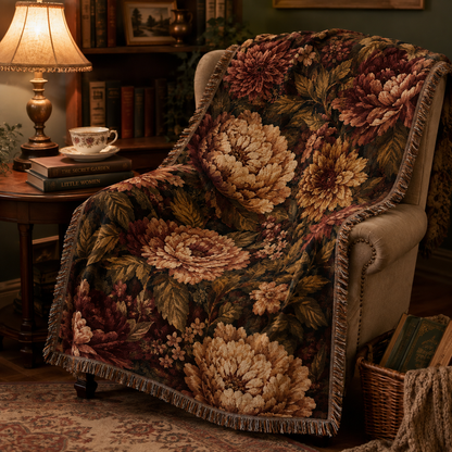 Moody floral woven blanket styled on a reading chair beside books and a tea cup