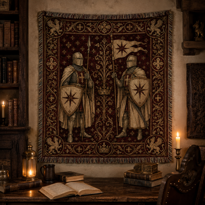 Heritage guardian woven tapestry displayed as wall decor in a warm candlelit vintage study