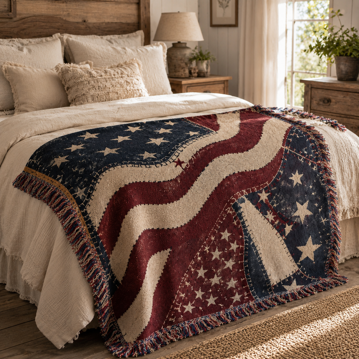Vintage Americana patchwork woven blanket styled across a rustic farmhouse bed