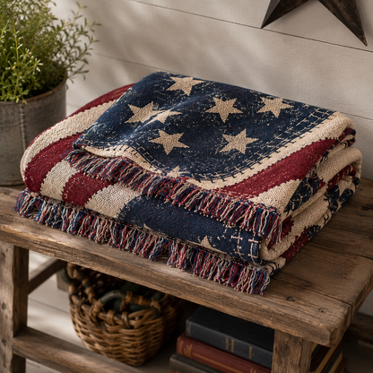 Folded vintage Americana woven blanket showing woven texture patchwork stars and multicolor fringe