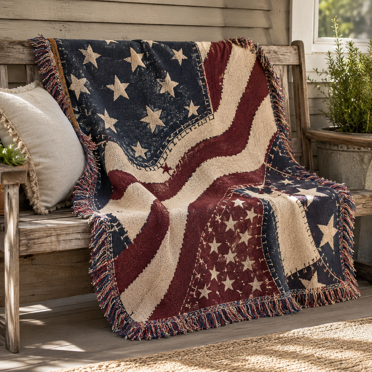 Vintage Americana woven blanket with patchwork stars and flowing red cream stripes draped on a rustic porch bench