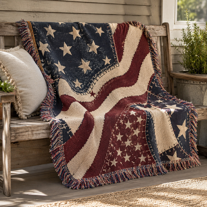 Vintage Americana woven blanket with patchwork stars and flowing red cream stripes draped on a rustic porch bench