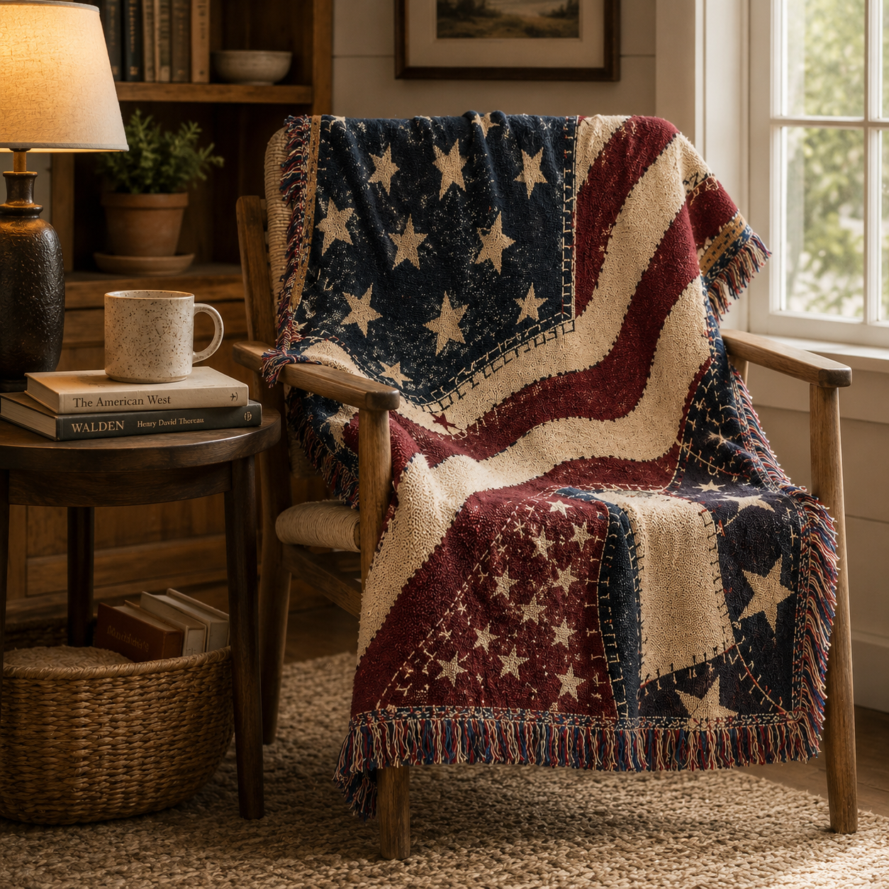 Vintage Americana woven blanket draped over a wooden reading chair beside books and a mug