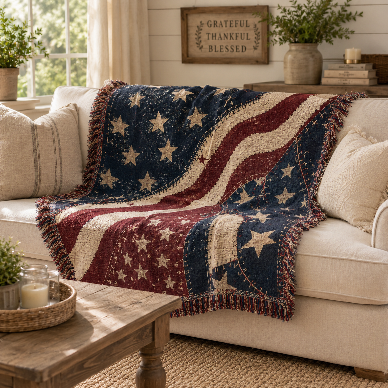 Vintage Americana stars and stripes woven blanket draped over a cream farmhouse sofa