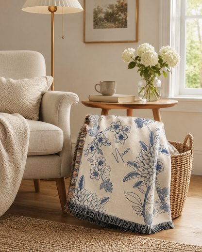 Blue floral woven blanket in reading corner