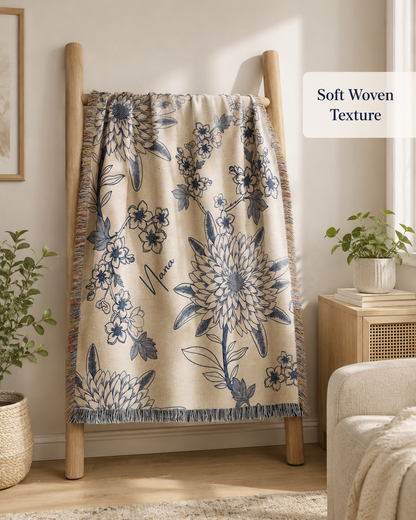 Blue floral woven blanket on ladder