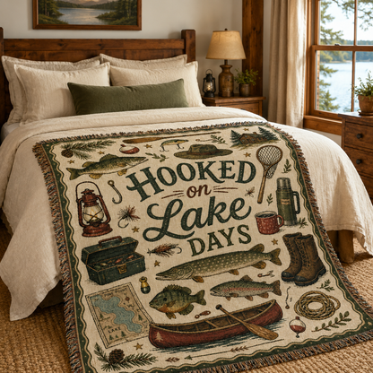 Lake fishing woven blanket displayed across a rustic bedroom bed