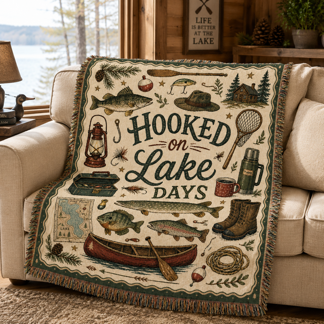 Fishing woven blanket styled on a sofa in a rustic lake house