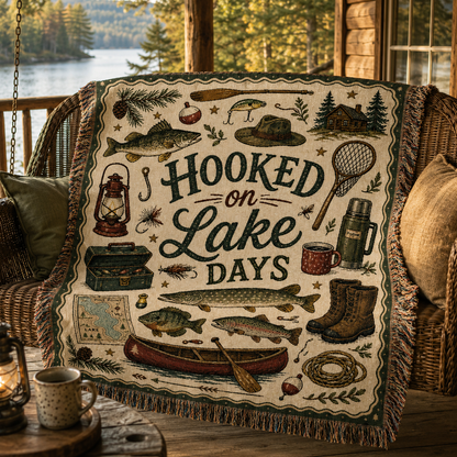 Fishing woven blanket styled on a lakeside cabin porch swing