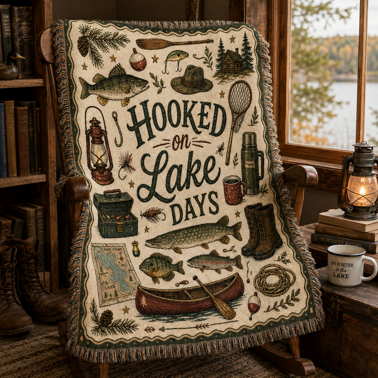 Fishing tapestry blanket draped over a rocking chair in a cabin reading nook
