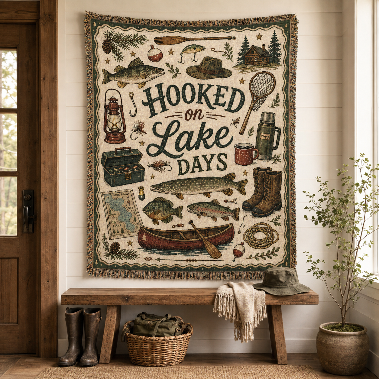 Hooked on Lake Days woven blanket displayed as rustic wall tapestry