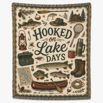 Hooked on Lake Days fishing woven blanket product view