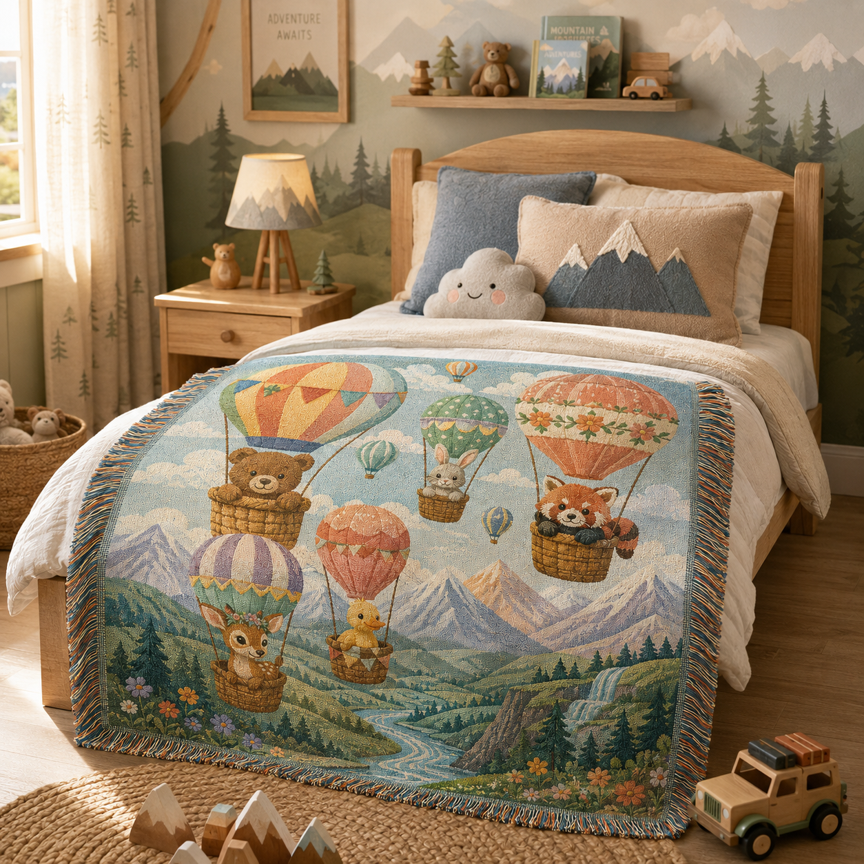 Hot air balloon animal adventure woven blanket styled on a child's bed