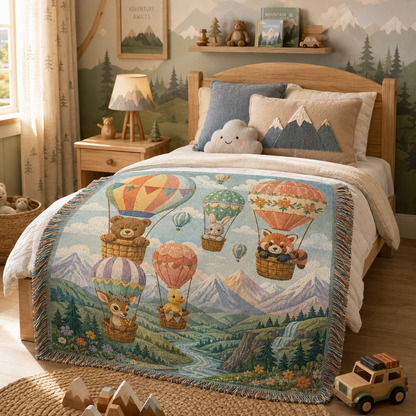 Hot air balloon animal adventure woven blanket styled on a child's bed
