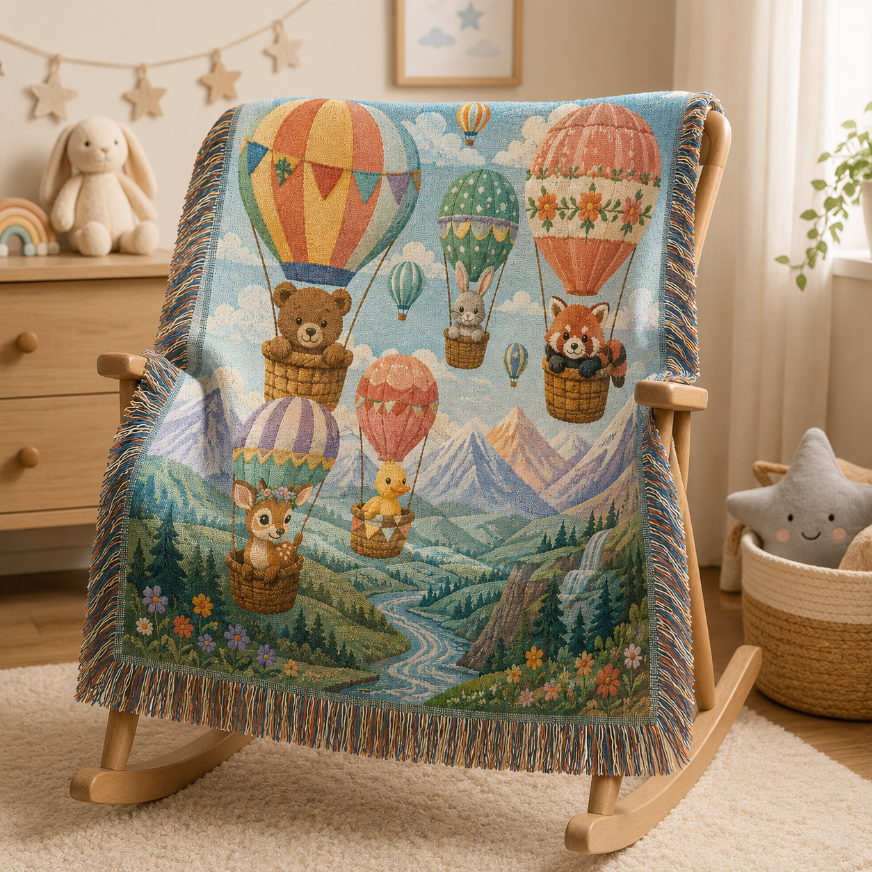Hot air balloon animals woven blanket styled on a nursery rocking chair