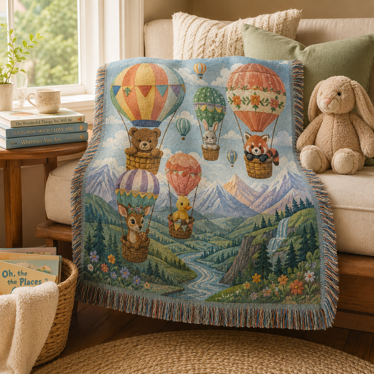 Hot air balloon animals woven blanket displayed on a cozy nursery sofa
