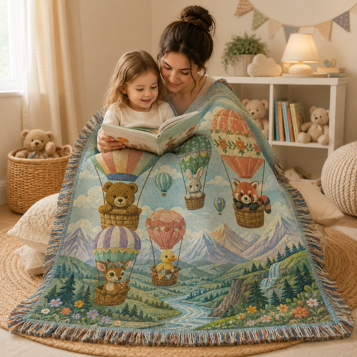 Mother and child reading together under a hot air balloon animals woven blanket