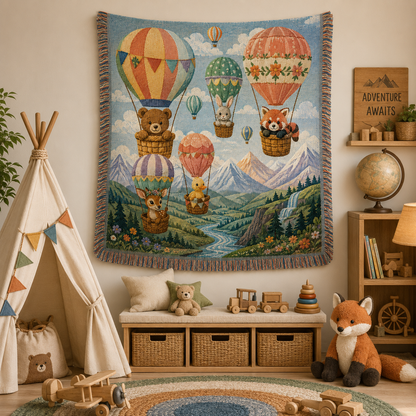 Hot air balloon animals woven blanket displayed as nursery wall tapestry