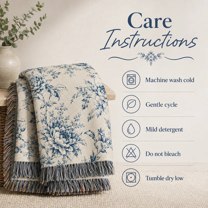 Mama Woven Blanket, Custom Blue Floral Toile Throw with Kids' Names