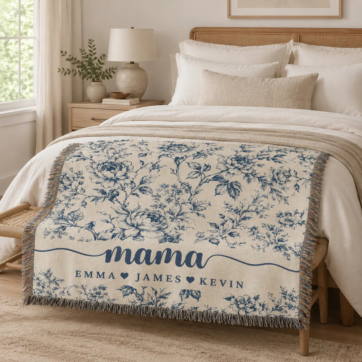 Mama Woven Blanket, Custom Blue Floral Toile Throw with Kids' Names