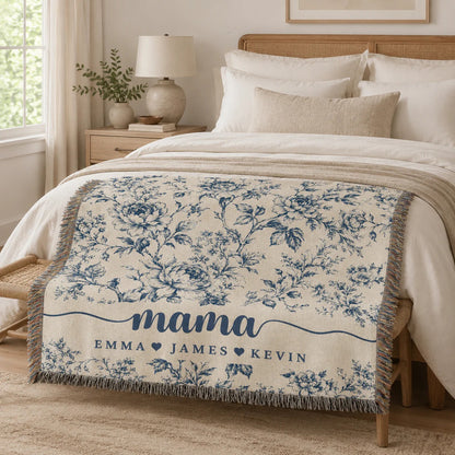 Mama Woven Blanket, Custom Blue Floral Toile Throw with Kids' Names
