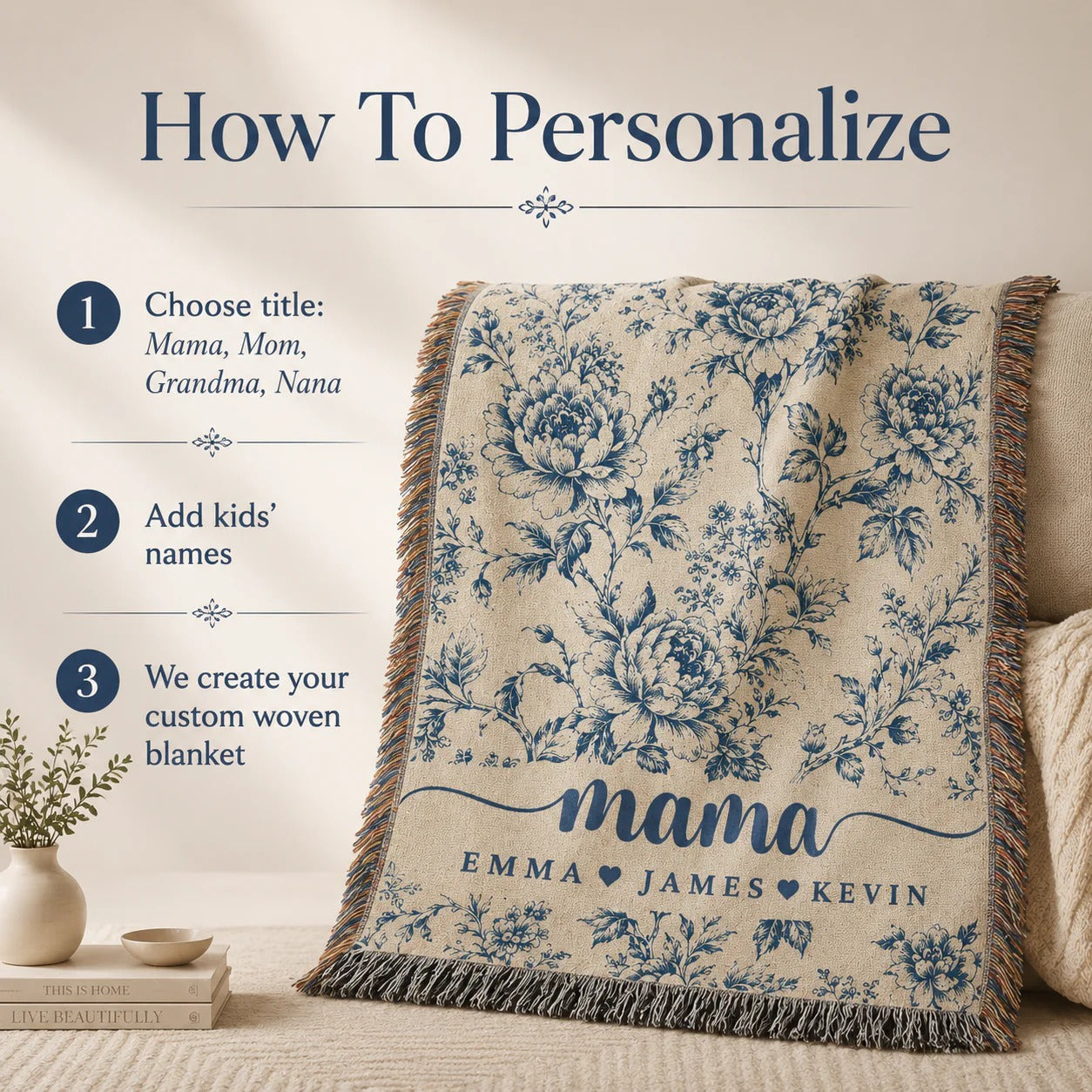 Mama Woven Blanket, Custom Blue Floral Toile Throw with Kids' Names
