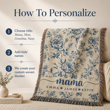 Mama Woven Blanket, Custom Blue Floral Toile Throw with Kids' Names