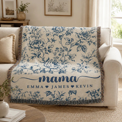 Mama Woven Blanket, Custom Blue Floral Toile Throw with Kids' Names