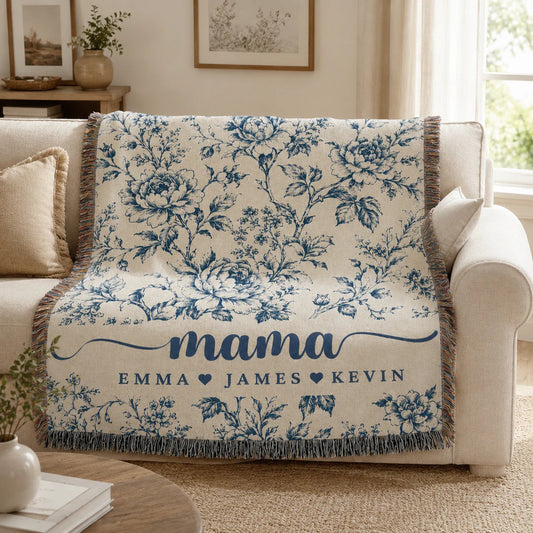 Mama Woven Blanket, Custom Blue Floral Toile Throw with Kids' Names